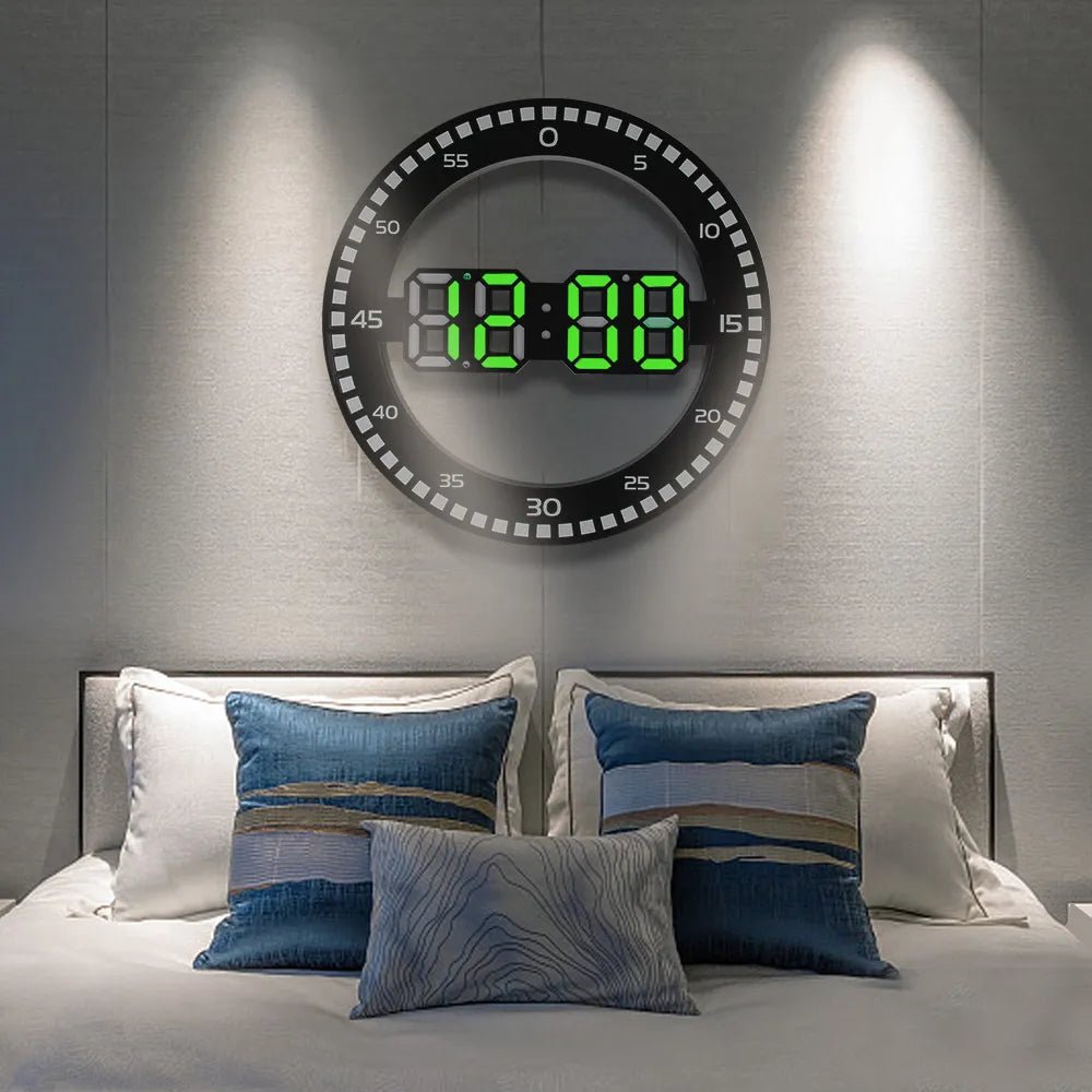 Silent LED Wall Clock Alarm with Calendar for Living Room Home Decoration 3D Digital Circular Luminous