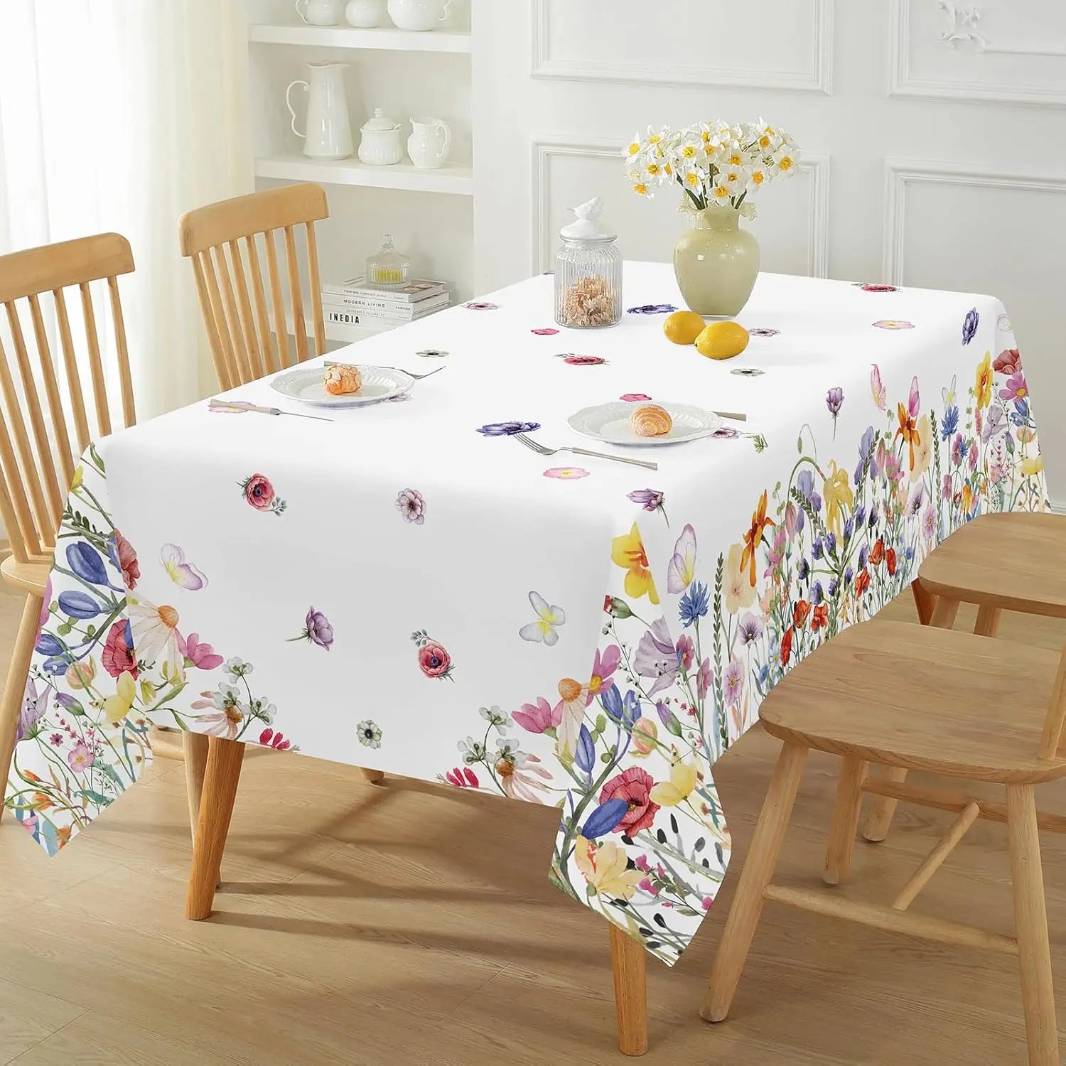 Spring Watercolor Flowers Butterfly Waterproof Tablecloth Wedding Party Decor Summer Colorful Wildflower Table Cloth Table Decor