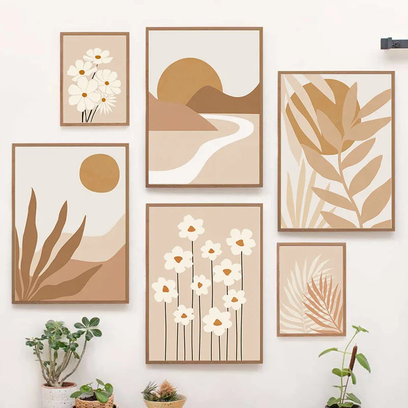 Bohemia Sun Lines Rainbow Leaf Flower Wall Art Canvas Painting Beige Posters and Prints Hotel Bar Pictures For Living Room Decor