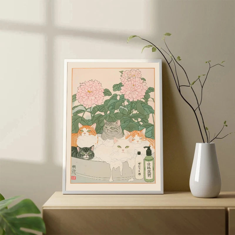 Japanese Tabby Cat in Bathtub Poster Prints Canvas Painting Retro Aesthetic Wall Art Picture Japandi Bathroom Toilet Home Decor