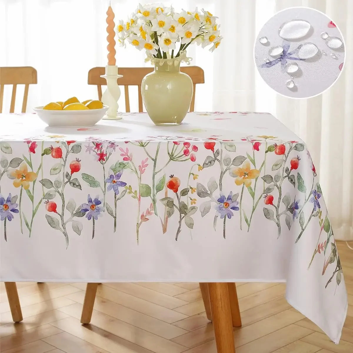 Spring Cherry Watercolor Flowers Waterproof Tablecloths Dining Table Decor Farmhouse Rectangle Table Cloth Wedding Party Decor