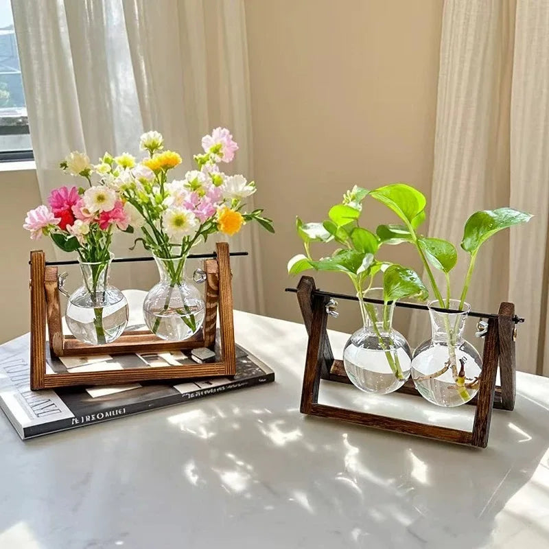 Vase hydroponique vintage avec cadre en bois et fleurs de lierre vert, décoration de bureau, petit récipient créatif unique