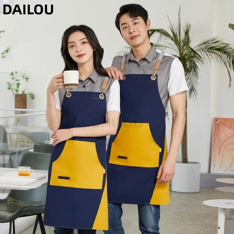 Fashion Canvas Apron Kitchen Baking Girl Men's Pocket Waiter Restaurant Barber Bag Nail Beauty Anti fouling Barber Work Clothes