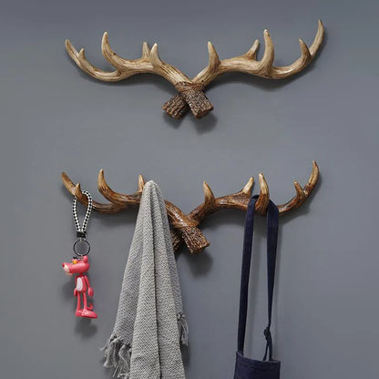 Nordic Vintage Deer Horn Decorative Hook Wall Hanging Clothes and Hats Hook High-end Living Room Decor Antler Resin Statue Craft