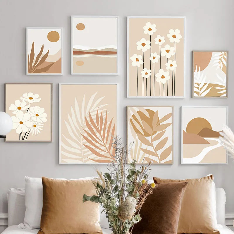 Bohemia Sun Lines Rainbow Leaf Flower Wall Art Canvas Painting Beige Posters and Prints Hotel Bar Pictures For Living Room Decor