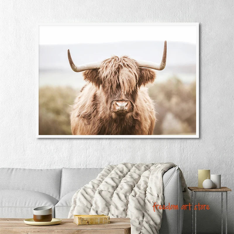 Animal Highland Cow Scottish Highland Cow Buffalo Cattle Art Posters Canvas Painting Wall Prints Pictures Living Room Home Decor