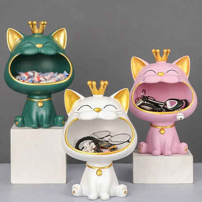 Fortune Crown Big Mouth Cat Entryway Key Storage Tray Decorative Ornament, Light Luxury Housewarming Gift Sculpture