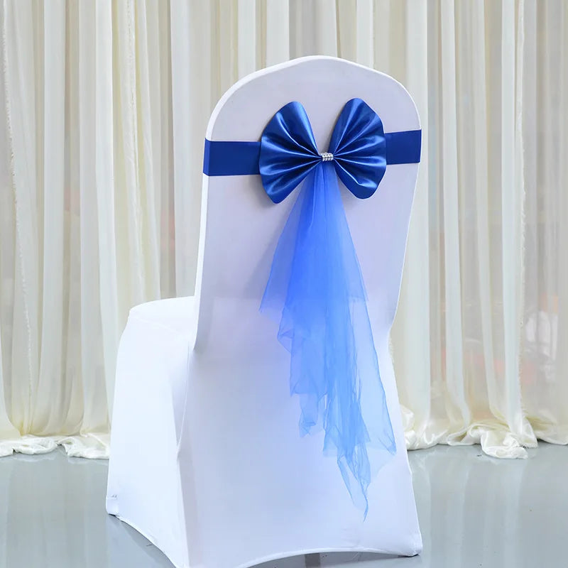 10PCS Satin Organza Chair Bow Sashes Wedding Chair Knots Bow Cover Band For Party Event Hotel Banquet Country Wedding Decoration