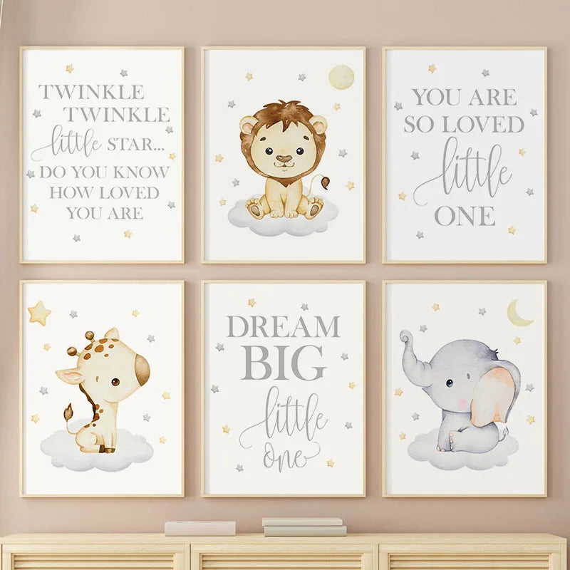 Lion Giraffe Elephant Stars Quotes Wall Art Canvas Prints Painting Cartoon Pictures Baby Kids Room Decor Nordic Nursery Posters