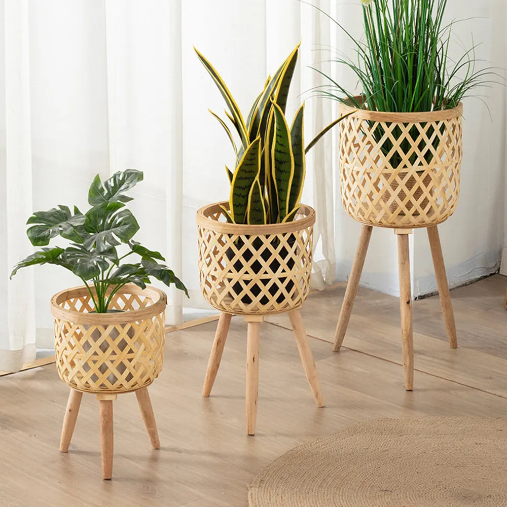flower pots for bamboo plants Handmade Bamboo Woven Flower Pot with Stand Plant Flower Display Stora – acacuss