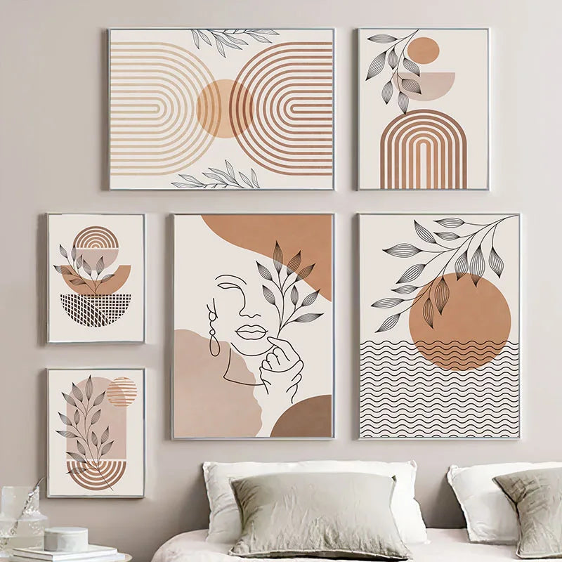 Abstract Girl Sun Lines Rainbow Leaf Wall Art Canvas Painting Boho Beige Posters Prints Pictures Living Room Interior Home Decor