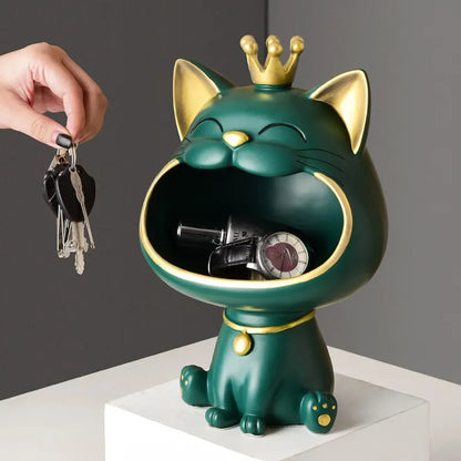 Fortune Crown Big Mouth Cat Entryway Key Storage Tray Decorative Ornament, Light Luxury Housewarming Gift Sculpture