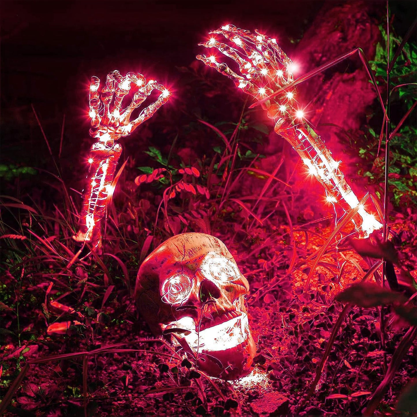 Halloween-LED-Skelett-Pfahl-Dekoration, gruselige Skelette mit Lichtern, Groundbreaker, Hof, Friedhof, Dekoration, realistischer gruseliger Totenkopf 