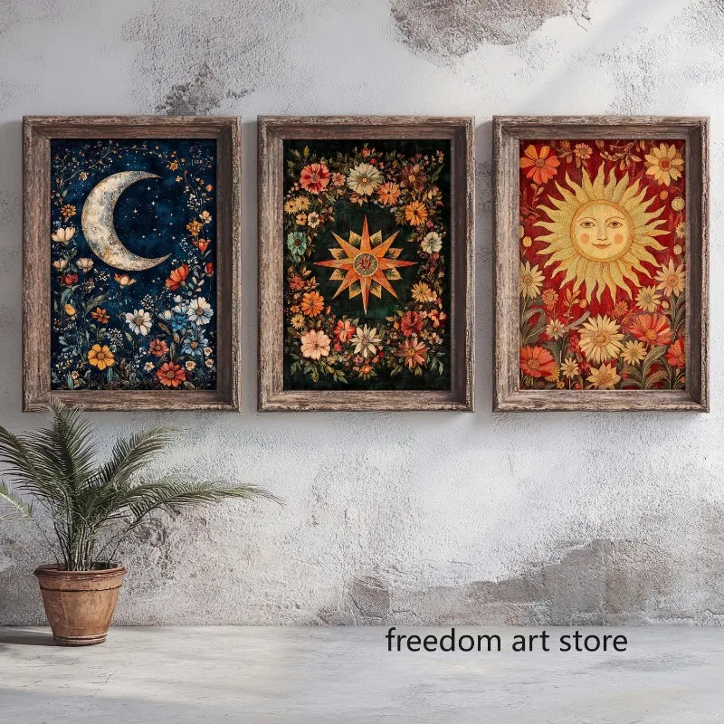 The Sun Moon Star Tarot Card Astrology  Mystical Boho Floral Folk Art Poster Canvas Painting Wall Prints Picture Room Home Decor
