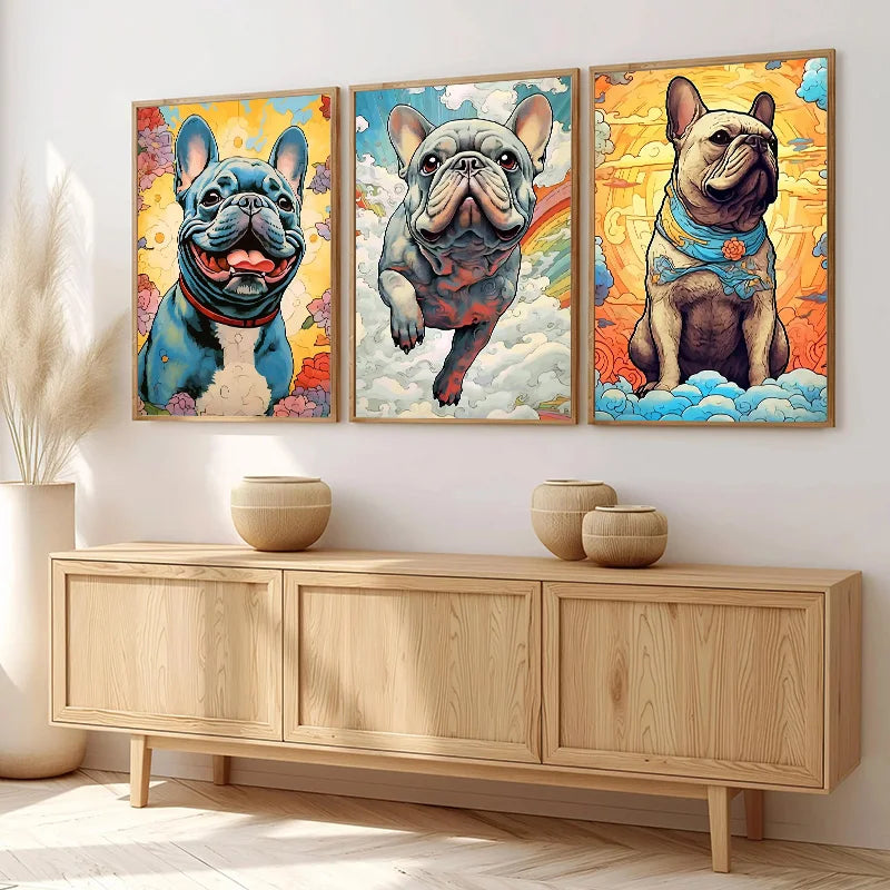 The French Bulldogs Vintage Poster Canvas Prints Ukiyoe Bulldogs Wall Art Decor Aesthetic Prints Dog Home Room Wall Decoration