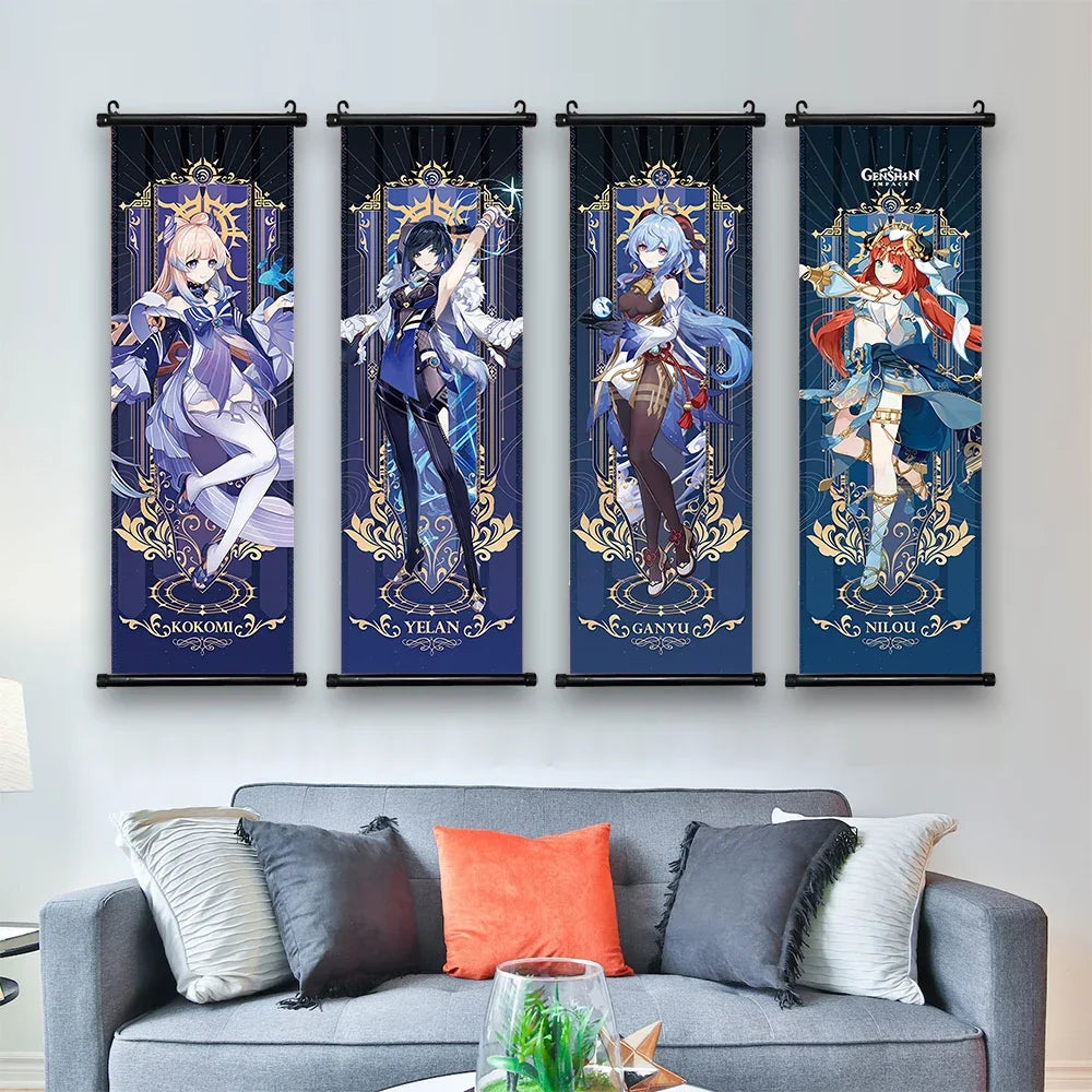 Genshin Impact Hanging Scroll Poster Anime Hot Games Wall Artwork Hutao Klee Vendi Canvas Painting Print Home Decoration Gift