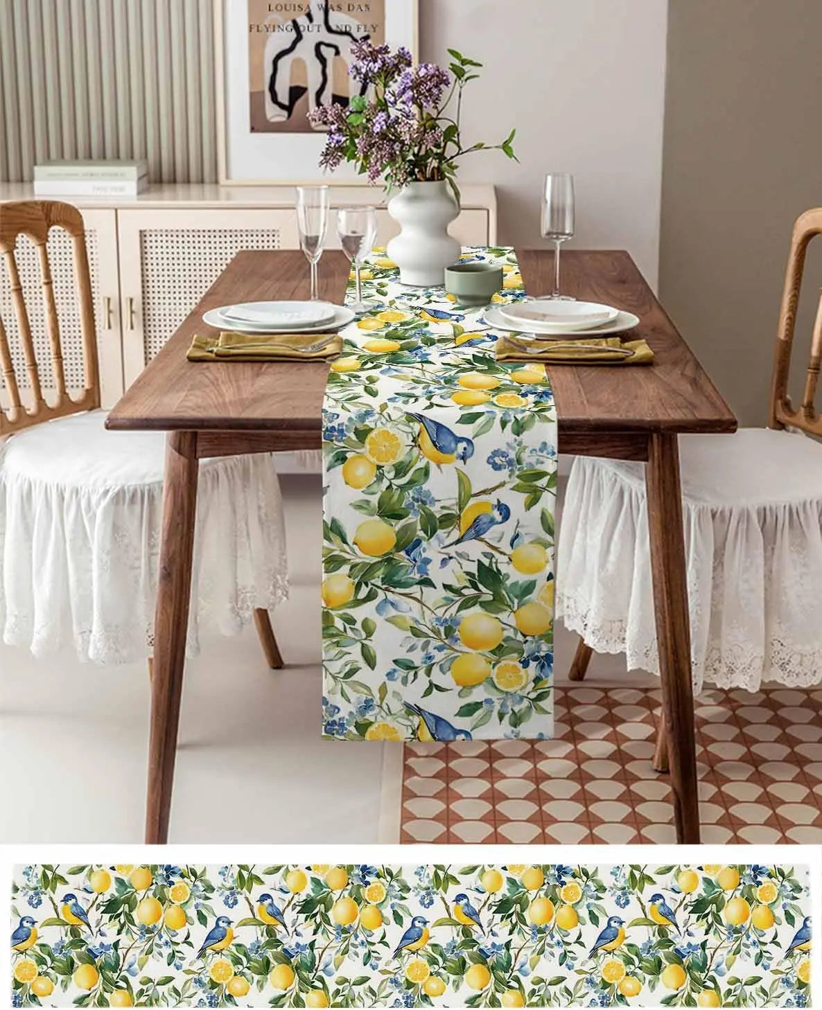 Lemon Tree Blue Birds Linen Table Runner  Holiday Party Decor Vintage Watercolor Floral Fruit Table Runners Dresser Scarf Decor