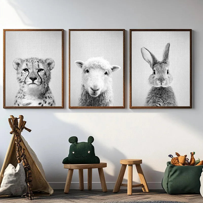 Black and White Animal Canvas Poster Panda Rabbit Fox Bear Otter Wall Art Picture for Living Room Bedroom Modern Home Decor Gift