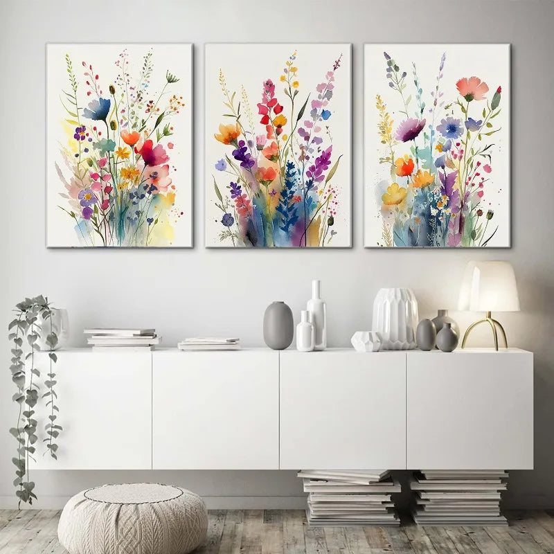 Set of 3 Wildflowers Watercolour Poster Flower Set Print Decorative Canvas Painting Bedroom Living Room Frameless Wall Art