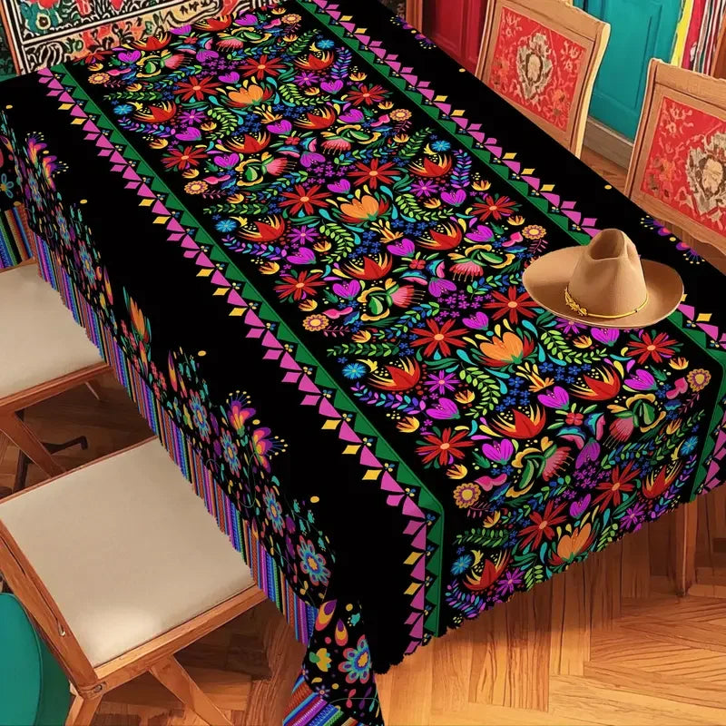 Mexican Colorful Floral Striped Tablecloth Mexico Fiesta Party Reusable Holiday Kitchen Rectangle Table Cloth Dining Table Decor