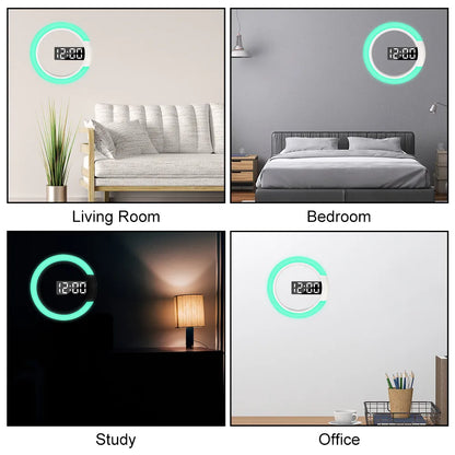 Temperature Nightlight 3D Home Living Room Decoration Digital 7 Colors Mirror Table Alarm Clocks Remote Control LED Wall Clock