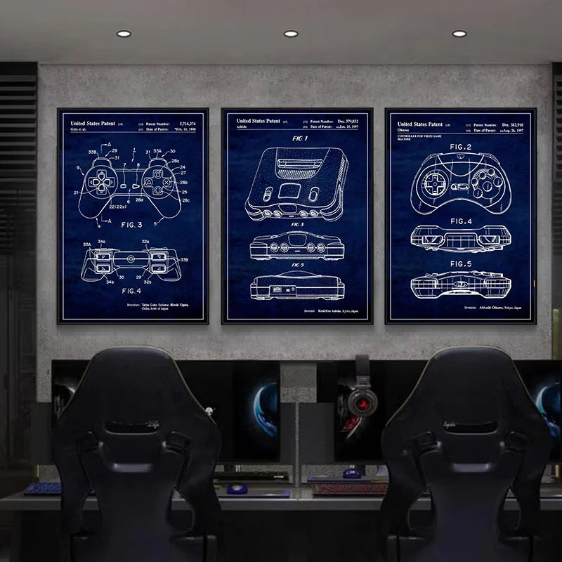 Retro Game Controller Blueprint Patent Cool Gaming Poster Canvas Painting Wall Art Picture For Living Room Home Gamer Room Decor