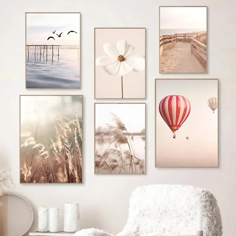 Beige Landscape Wall Art Poster Bike Hot Air Balloon Pictures Orchid Dandelion Canvas Painting Nordic Prints Bedroom Home Decor