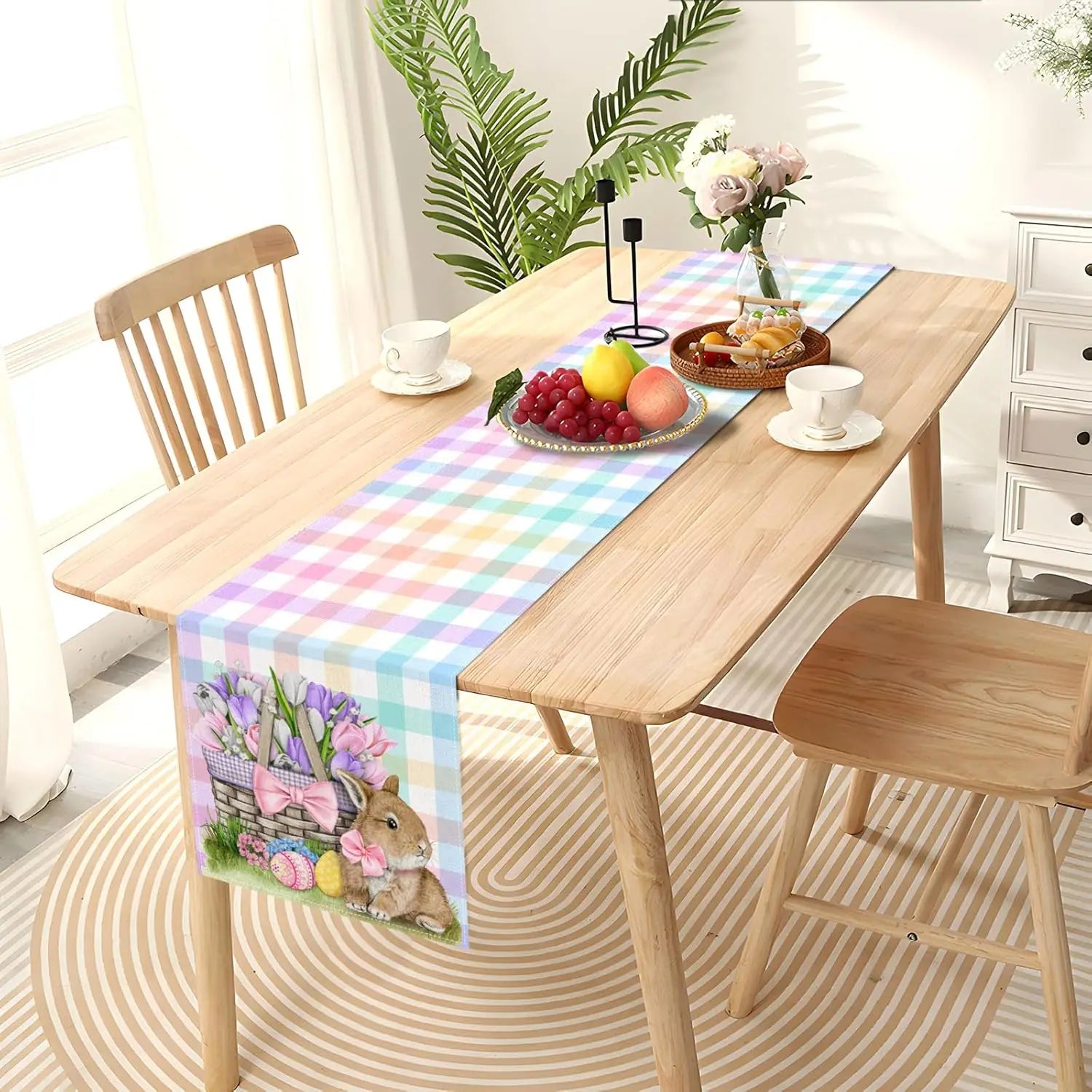 Easter Bunny Eggs Tulip Colorful Plaid Linen Table Runners Holiday Party Decor Spring Flowers Table Runners Dining Table Decor