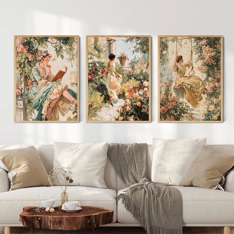 Classic French Manor NobleWoman Party Beautiful Swing Rococo Garden Romance Poster Canvas Paintings Wall Art Pictures Home Decor