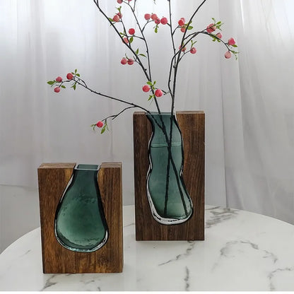 Wooden Glass Vase Decoration Water-Raised Flowers Living Room Dining Table Dry Flower Arrangement Container