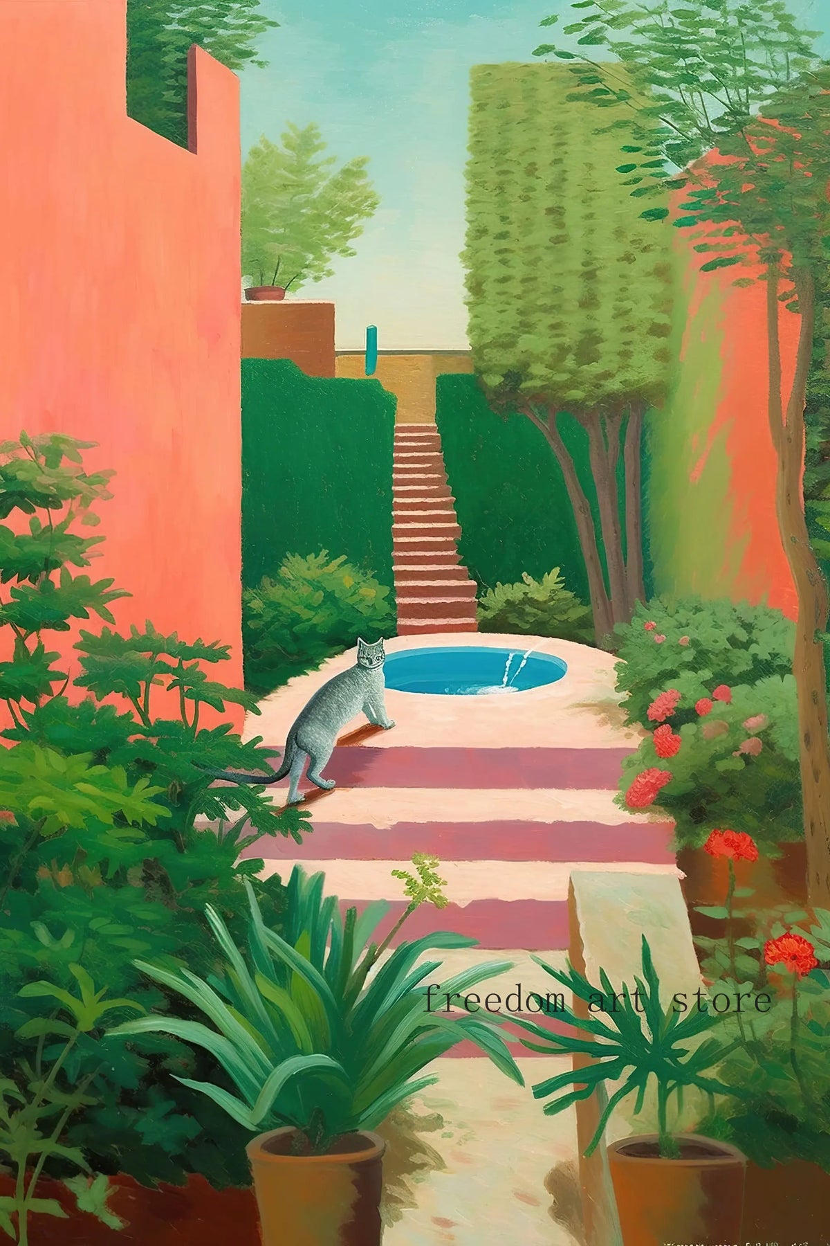 Vintage David Hockney Style 80s Illustration Swimming Pool Dog Cat Art ...