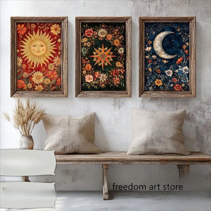 The Sun Moon Star Tarot Card Astrology  Mystical Boho Floral Folk Art Poster Canvas Painting Wall Prints Picture Room Home Decor