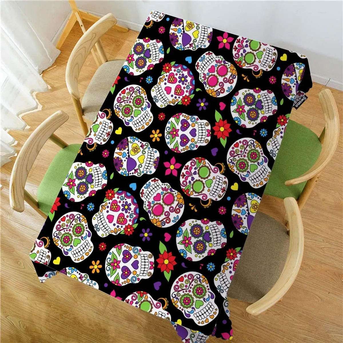 Mexican Day of The Dead Colorful Sugar Skulls Rectangle Tablecloth Room Decor Waterproof Tablecloth for Table Party Supplies