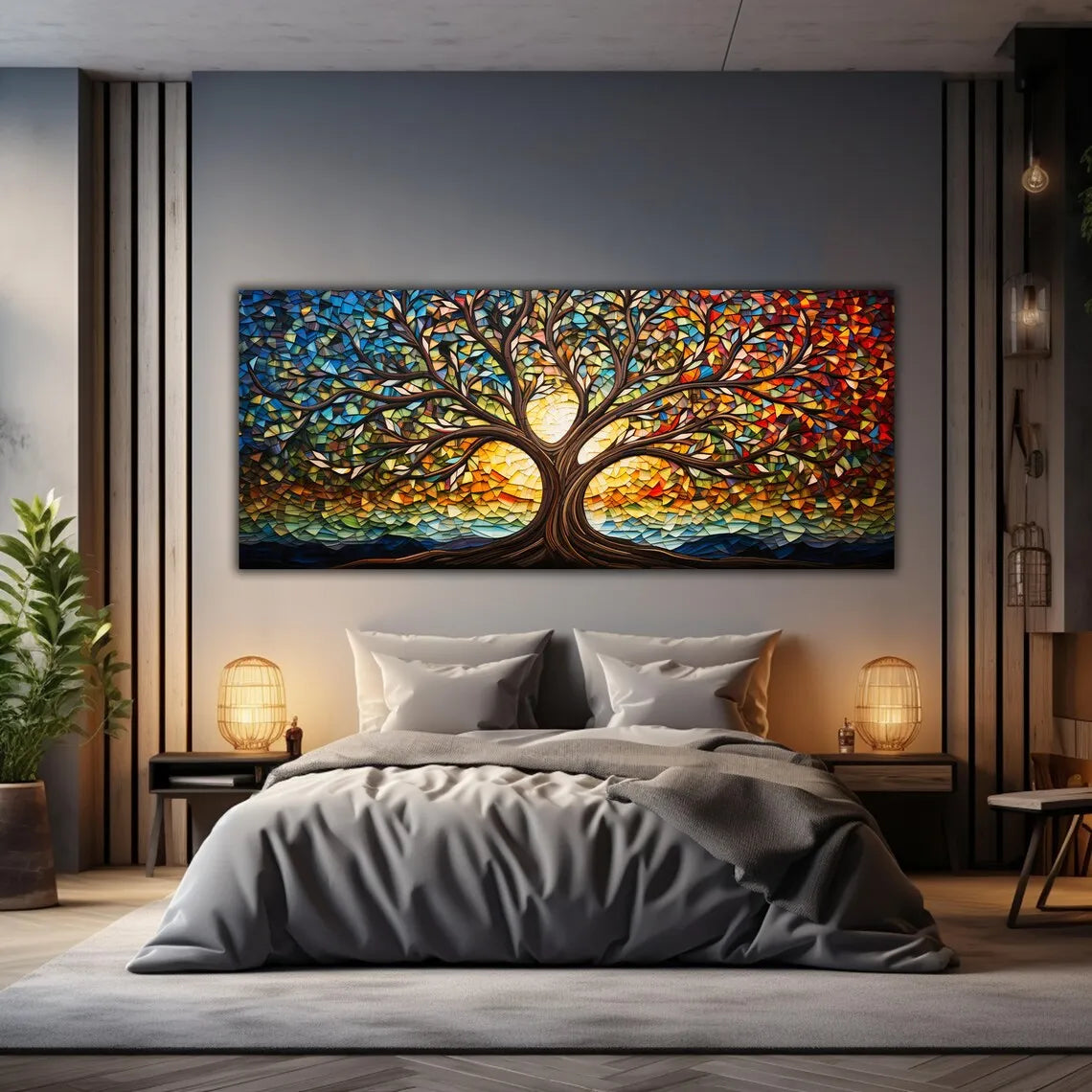 Colorful Mosaic Glass Canvas Painting,Tree of Life Artwork Canvas Print, Mythology Gift, for Living Room Office Home Decoration