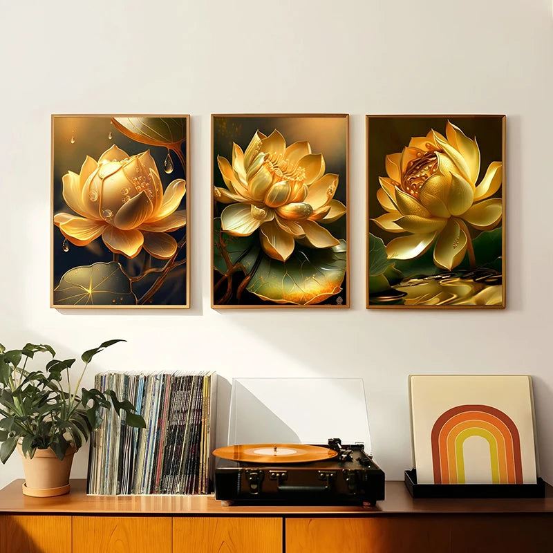 Modern Luxury Golden Lotus Canvas Painting Nordic Wall Art Poster Prints Entrance Background Wall Living Room Home Decor Cuadros