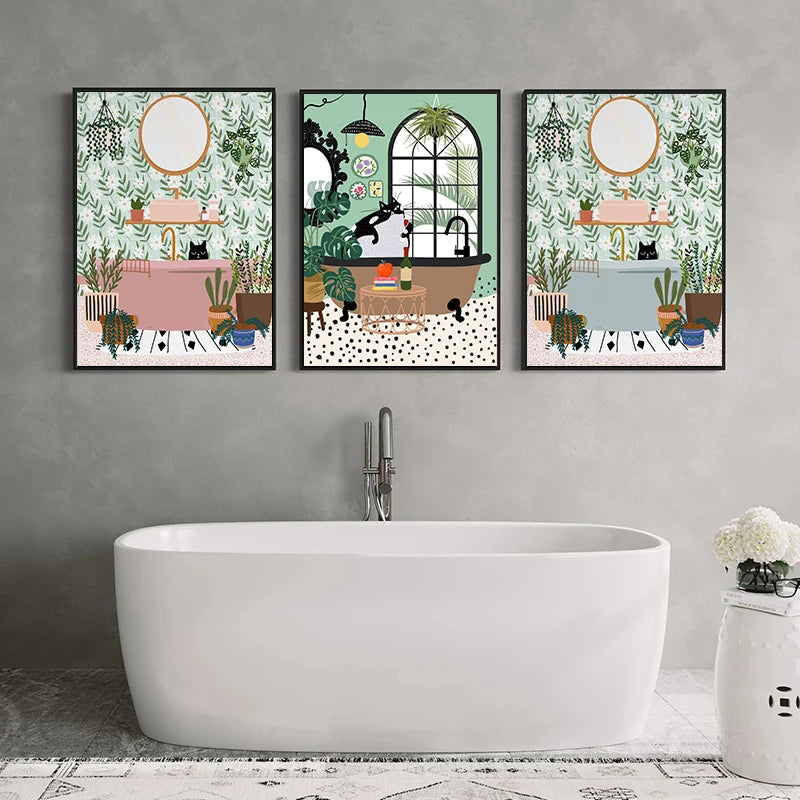 Botanical Toilet Bathroom Black Cat Art Posters and Prints Canvas Printing Wall Art Picture for Living Room Home Decoration
