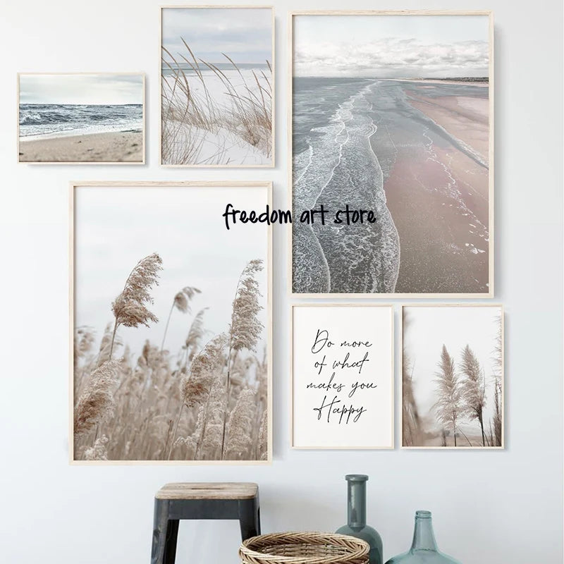 Boho Gallery Style Beach Landscape Photography Pampass Grass  Art Poster Canvas Painting Wall Print Picture for Room Home Decor