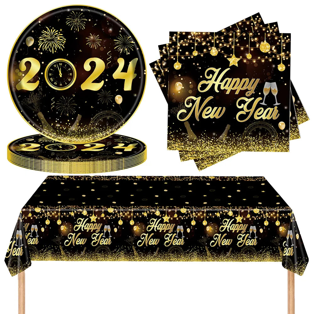 New Year Napkins paper plates Cups New Year Tablecloths Table cover 2024 New Year party Decorations New Year eve party supplies
