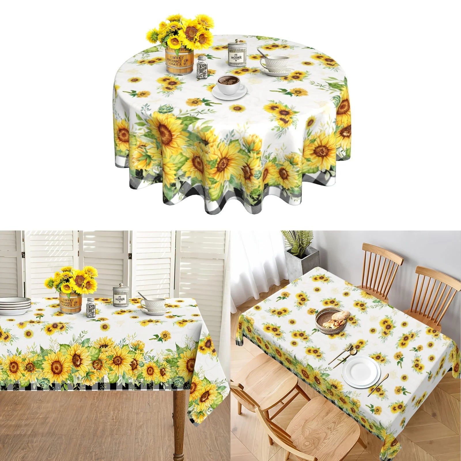 Summer Sunflower Buffalo Plaid Tablecloth Wedding Party Decor Watercolor Floral Plants Rectangle Table Cloths Home Decorations