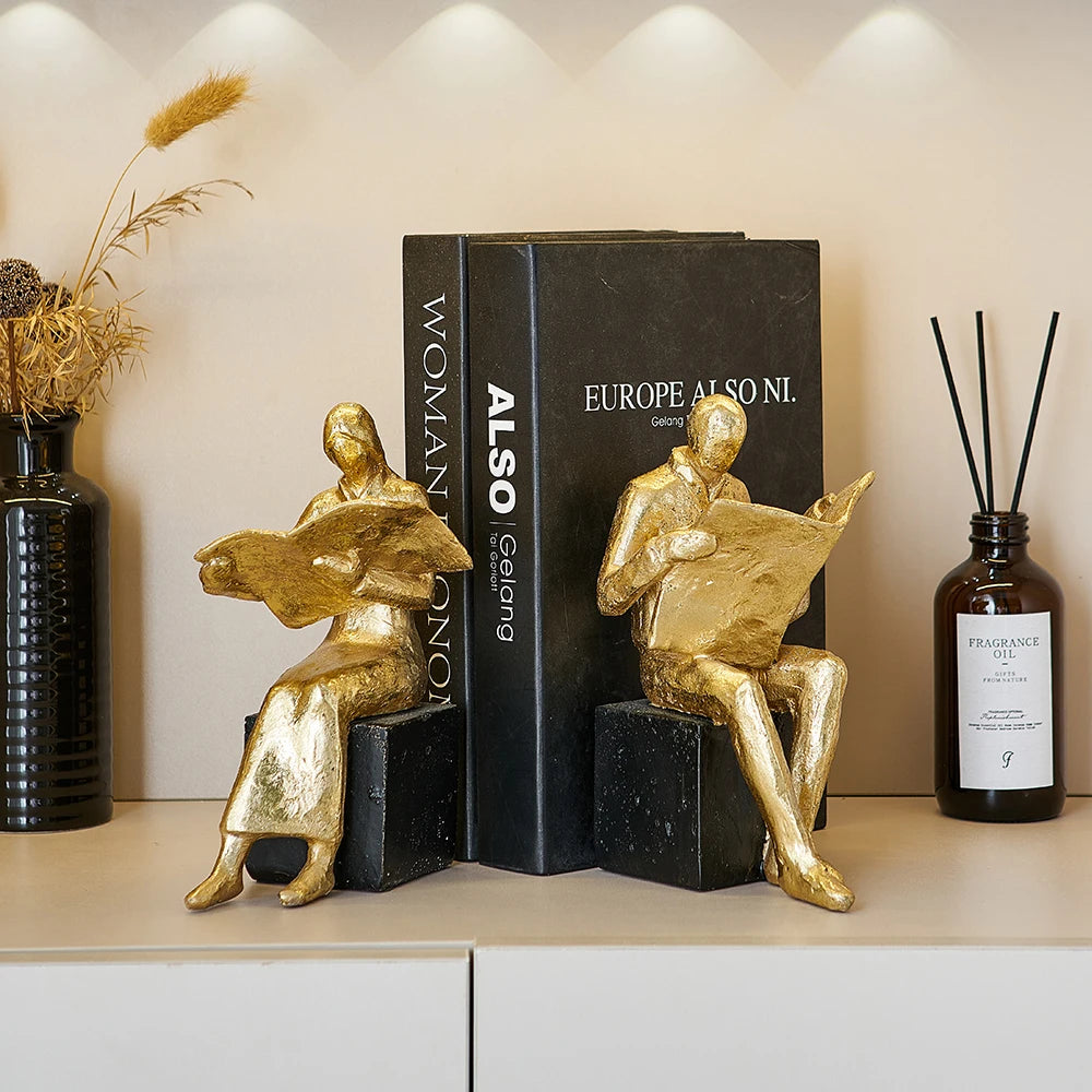 Golden Reading Statue Home Decor Artistic Study Bookshelf Ornament Simple Book End Resin Miniatures Crafts Office Accessories