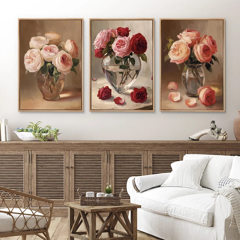 Peony Tulip Pink Roses Valentines Day Romantic Floral Vase Poster Print Wall Art Pictures Canvas Painting Room Home Decor Gift