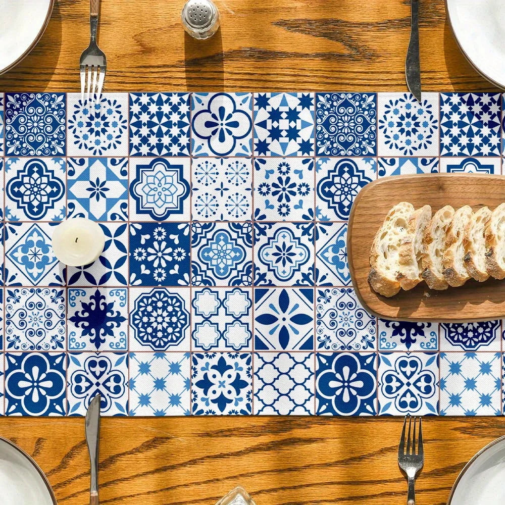Bohemian Blue White Tile Pattern Linen Table Runner Dresser Scarf Decor Holiday Kitchen Dining Table Runners Home Party Decor 01 / 180x33cm Bohemian Blue White Tile Pattern Linen Table Runner Dresser Scarf Decor Holiday Kitchen Dining Table Runners Home Party Decor 01 / 180x33cm