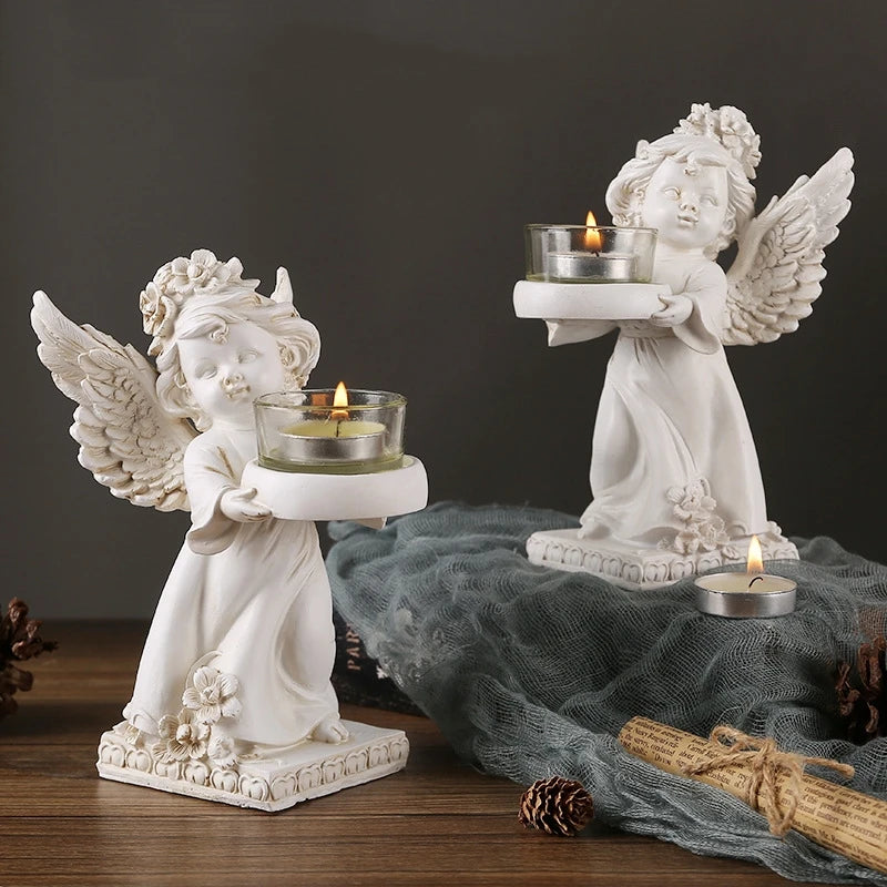 Angel Candlestick Holder Resin Decor - Vintage White Statue for Table Decor, Romantic Dinner, Home Ornament