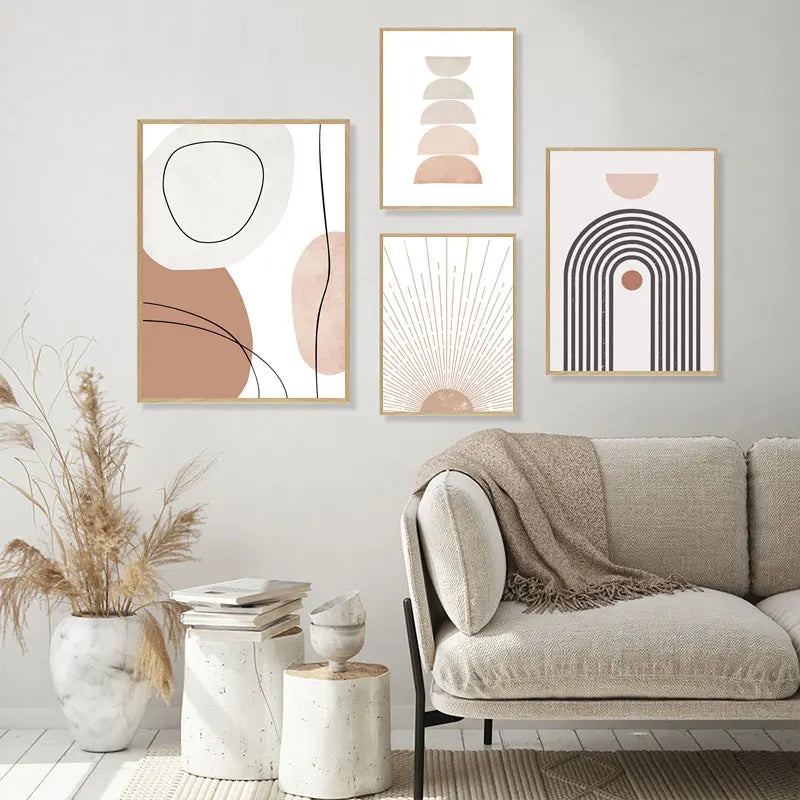 Boho Abstract Geometric Sun Rising Rainbow Beige Canvas Painting Wall Art Pictures Posters Print Interior Living Room Home Decor