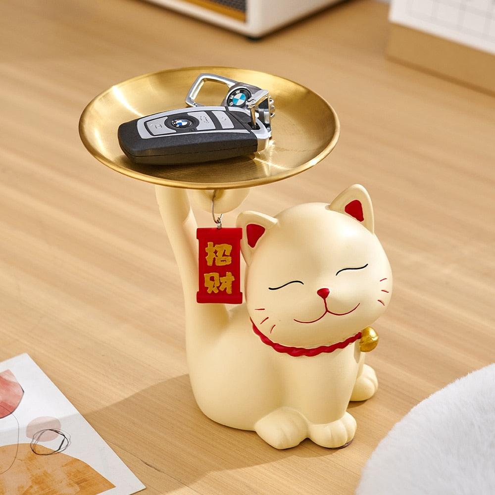 Moderne Heimdekoration, Glückskatzen-Tablett, kreative Raumdekoration, Maneki-Neko-Skulptur und Figuren, Innenkunst, Skulpturenhandwerk 