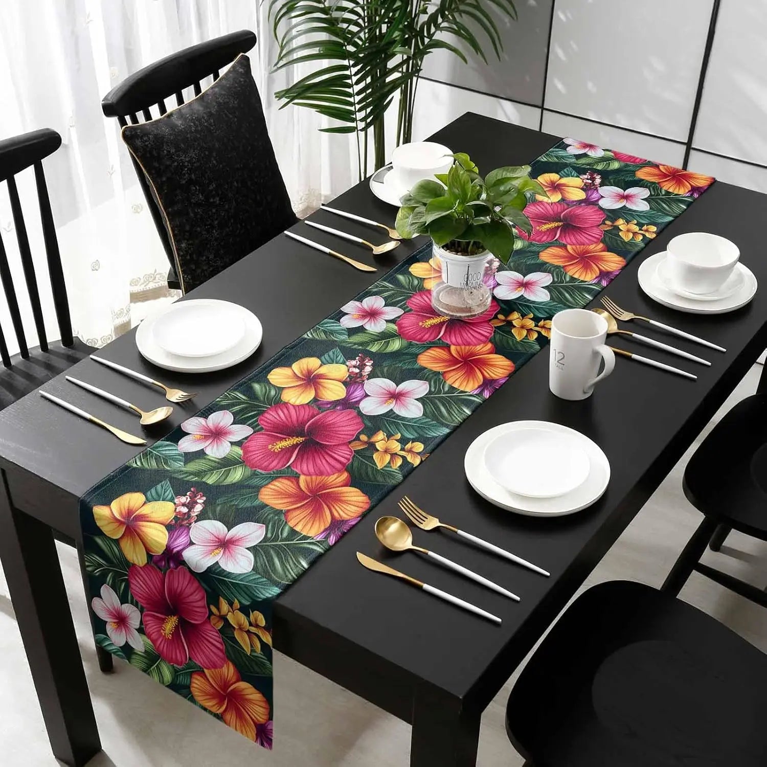 Spring Colorful Wildflower Green Leaf Linen Table Runner Dresser Scarf Decor Red Flower Table Runners Kitchen Dining Table Decor