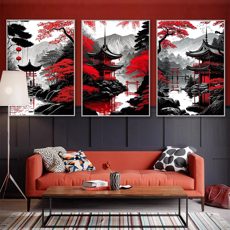 Japanese Natural Scenery Poster Prints Abstract Red Tree And Pavilion Landscape Canvas Painting Wall Art For Living Room Decor