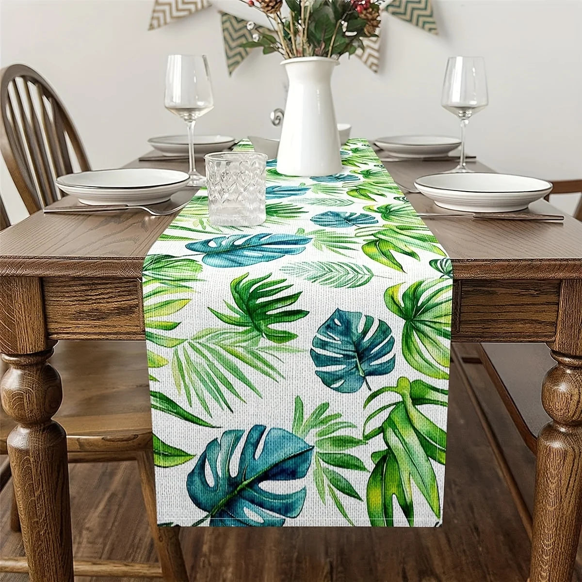 Tropical Palm Leaves Linen Table Runner Holiday Home Party Decor Watercolor Green Teal Plants Table Runners Dining Table Decor