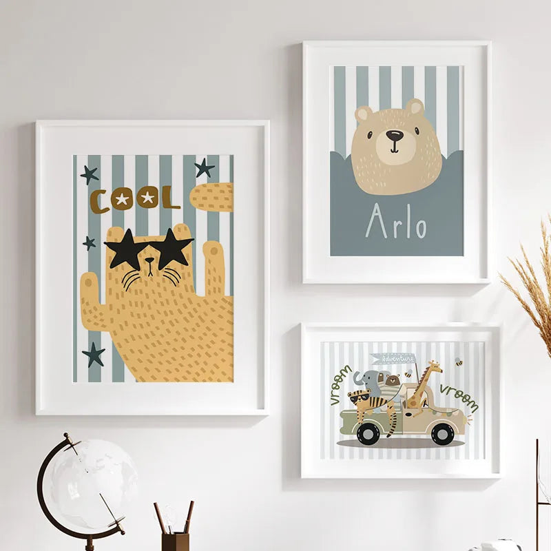 Kawaii Tiger Lion Giraffe Car Custom Baby Name Nursery Wall Art Canvas Painting Posters And Prints Pictures Baby Kids Room Decor