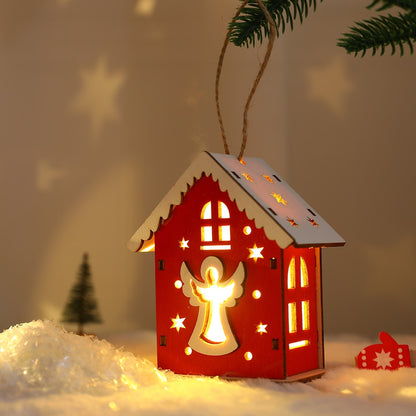Neues Weihnachts-Holzhaus mit Anhänger, Schneemann, Elch, Weihnachtsmann, Bärenhaus, Beleuchtung, leuchtende Blockhütte, Weihnachtsdekoration 